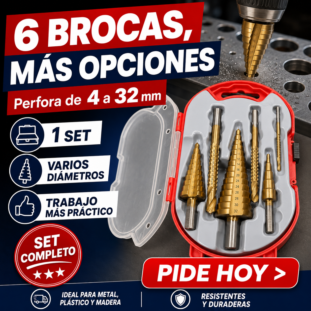 PerforaPro — Kit 6 Brocas Escalonadas Titanio 4mm a 32mm + Estuche