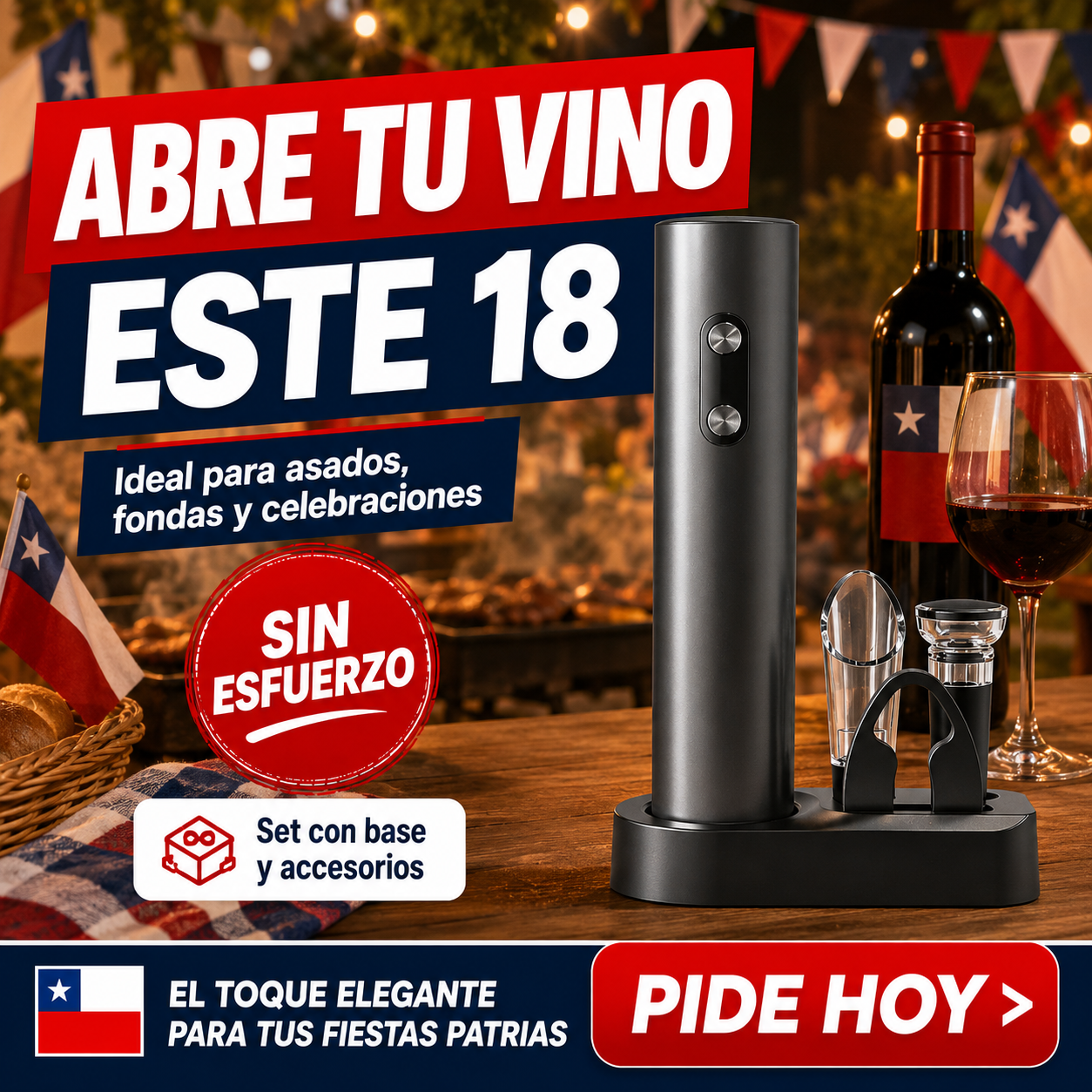 DescorchaPro — Set Abridor de Vino Eléctrico 5 en 1 con Base