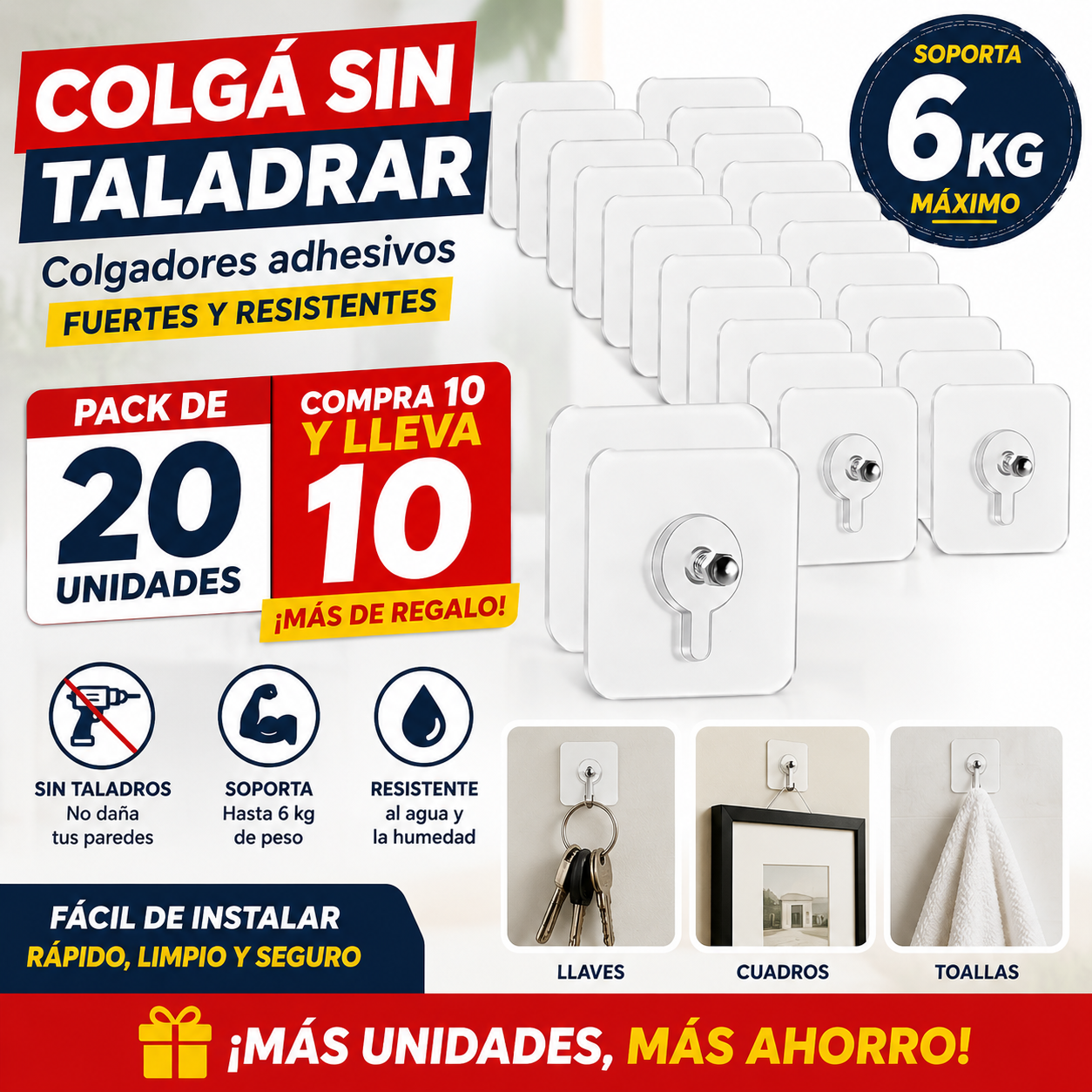 ColgaFix — Pack 20 Ganchos Adhesivos Sin Taladro | Lleva 10 + 10 GRATIS