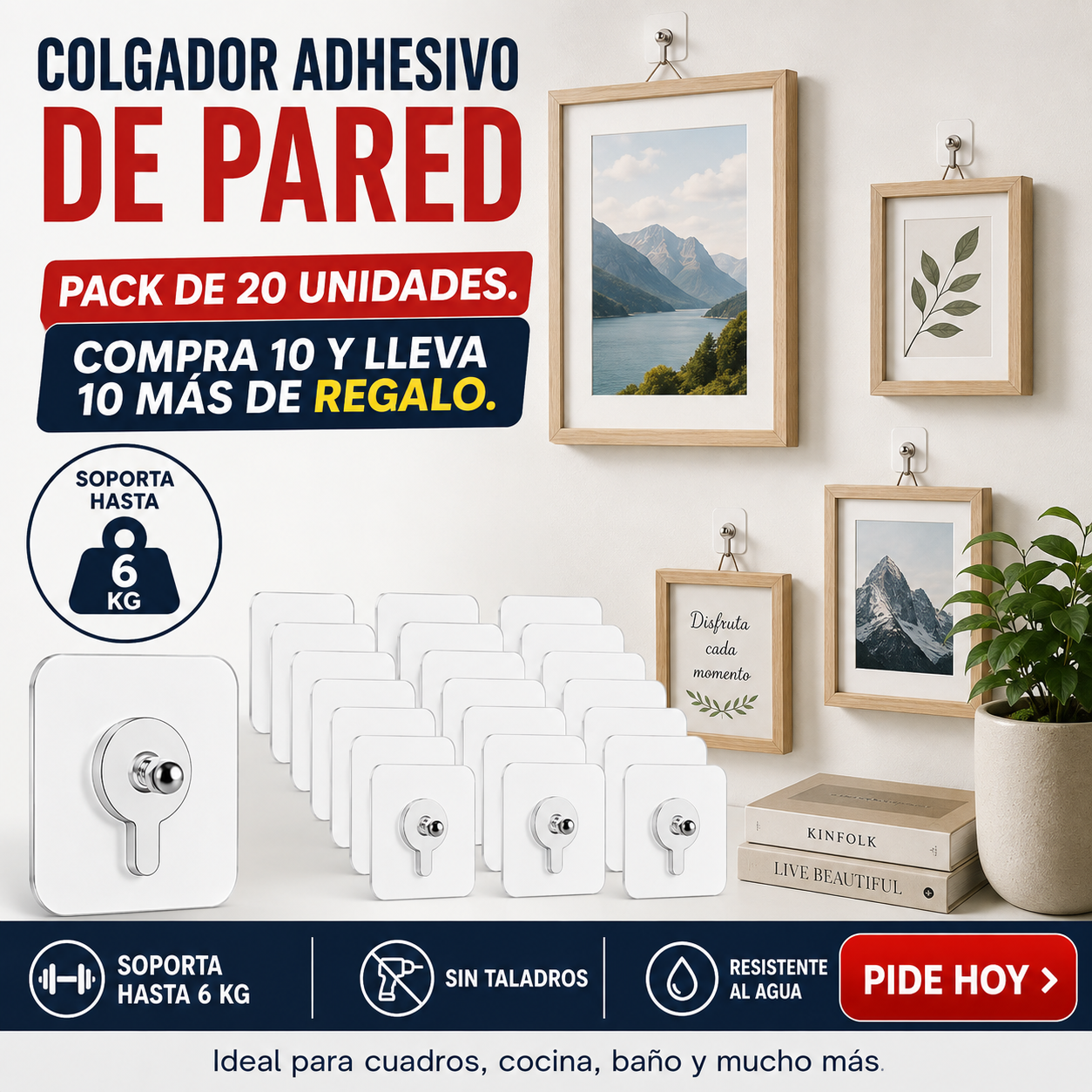 ColgaFix — Pack 20 Ganchos Adhesivos Sin Taladro | Lleva 10 + 10 GRATIS