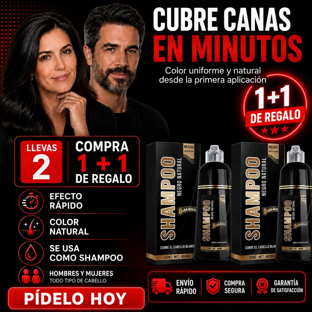 Bubbaluu Shampoo Cubre Canas — Lleva 1 + 1 de REGALO | Color Natural sin Pisar la Peluquería