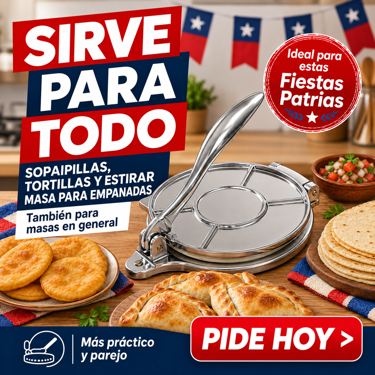 MasaPro — Prensa de Aluminio Fundido 20 cm para Tortillas, Empanadas y Sopaipillas