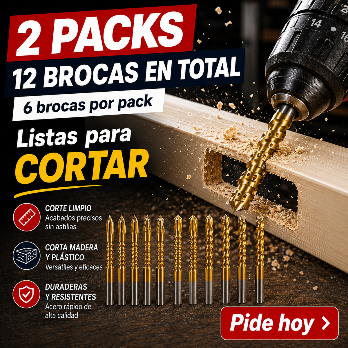 CortaFlex — 12 Brocas que Perforan, Cortan y Tallan Madera y Plástico