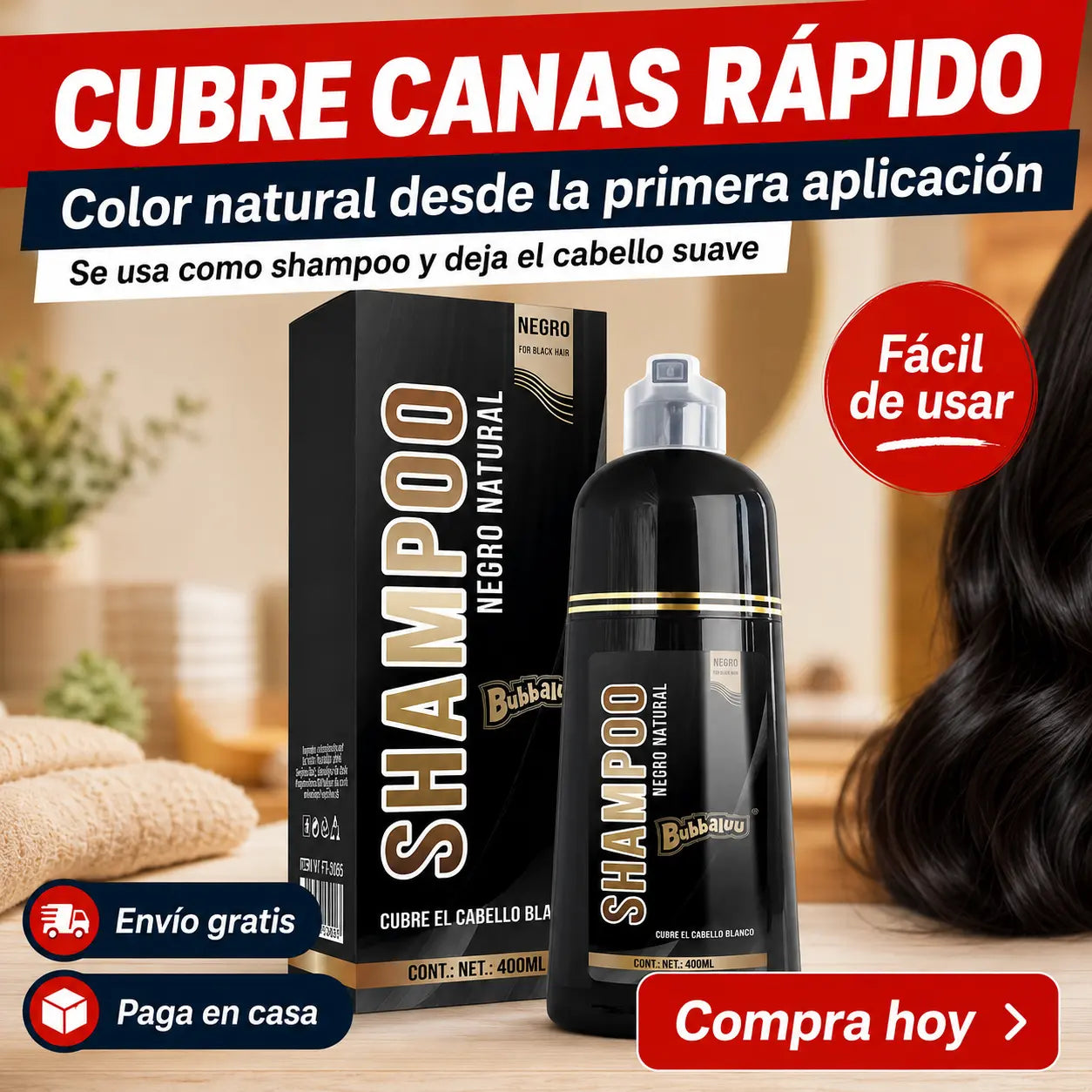 Bubbaluu Shampoo Cubre Canas | Color Natural sin Pisar la Peluquería