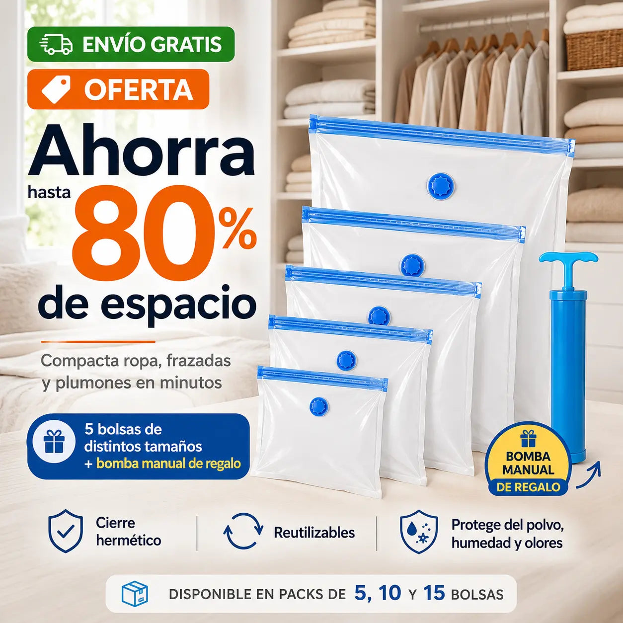 SellaPlus™ Bolsas al Vacío con Bomba Incluida (Pack 5/10/15 + 50% OFF)