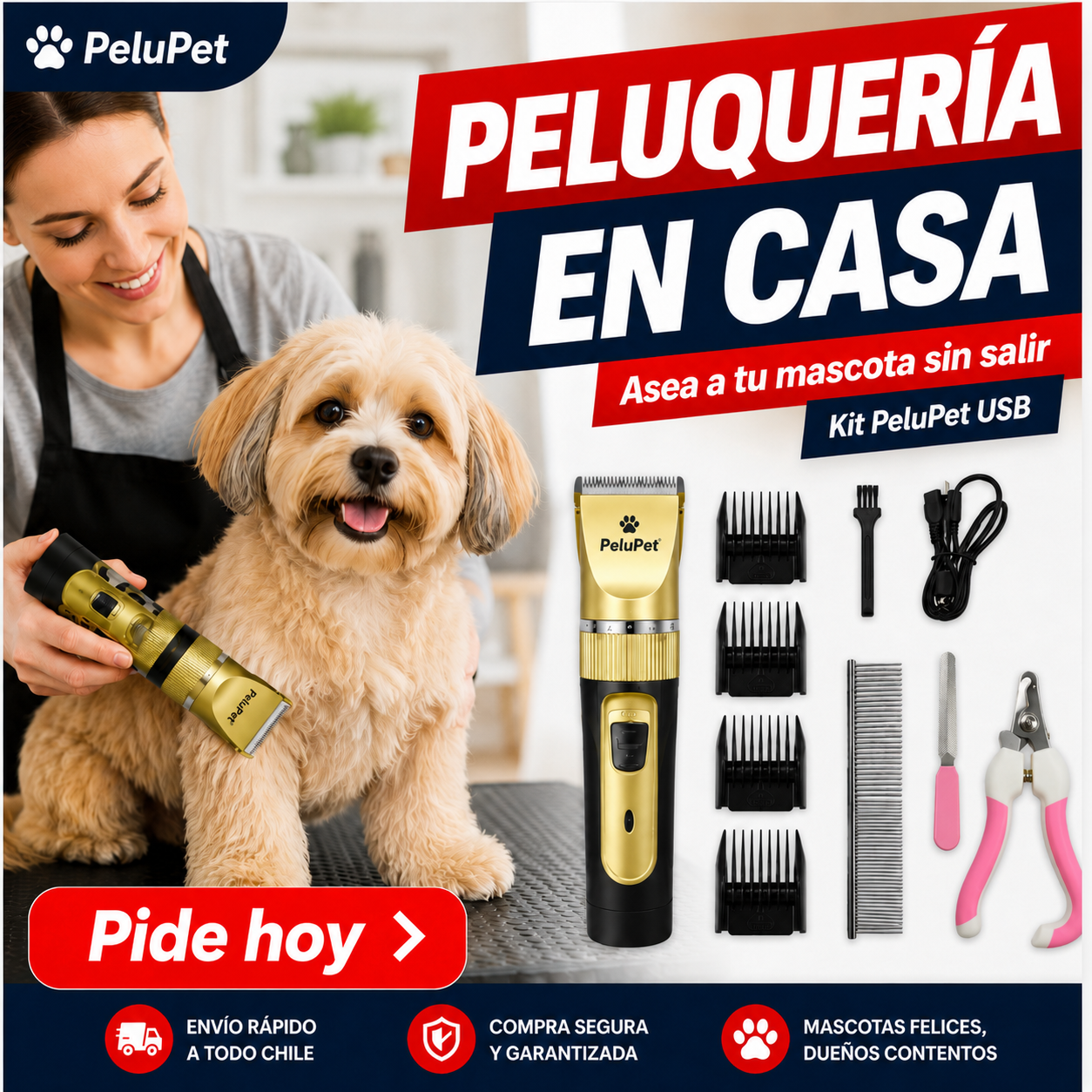PeluPet — Kit Cortapelos Profesional para Mascotas | Motor Silencioso + Recargable USB