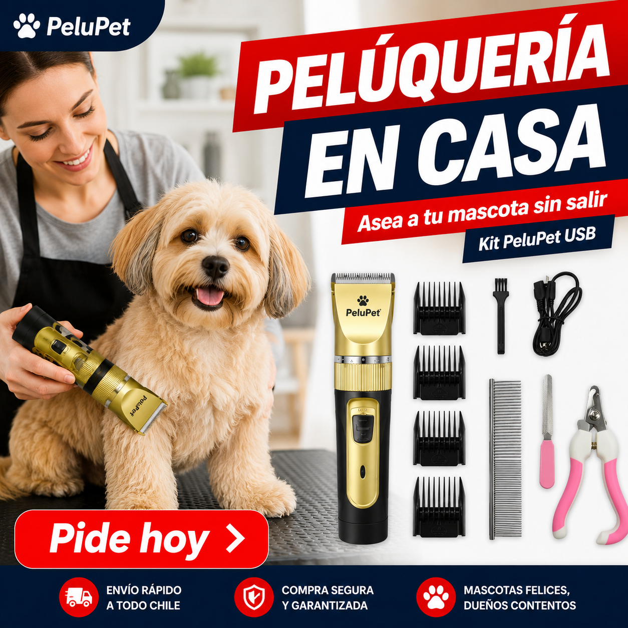 PeluPet™ — Kit Cortapelos Profesional para Mascotas | Motor Silencioso + Recargable USB
