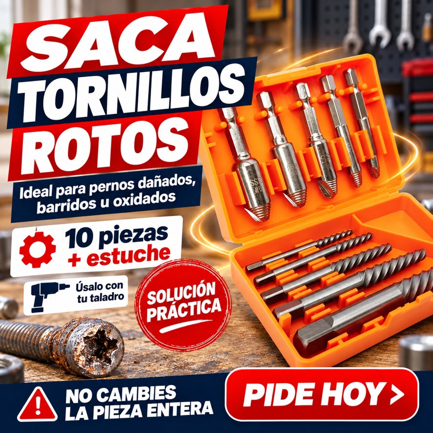 SacaFix — Kit de 10 Extractores de Tornillos y Pernos Dañados + Estuche