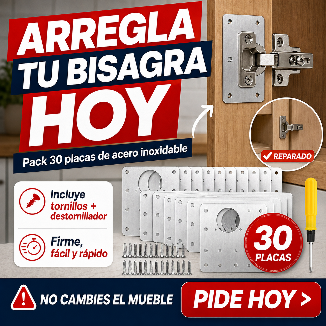 BisaFix - Kit 30 Placas de Acero para Reparar Bisagras + Tornillos y Destornillador