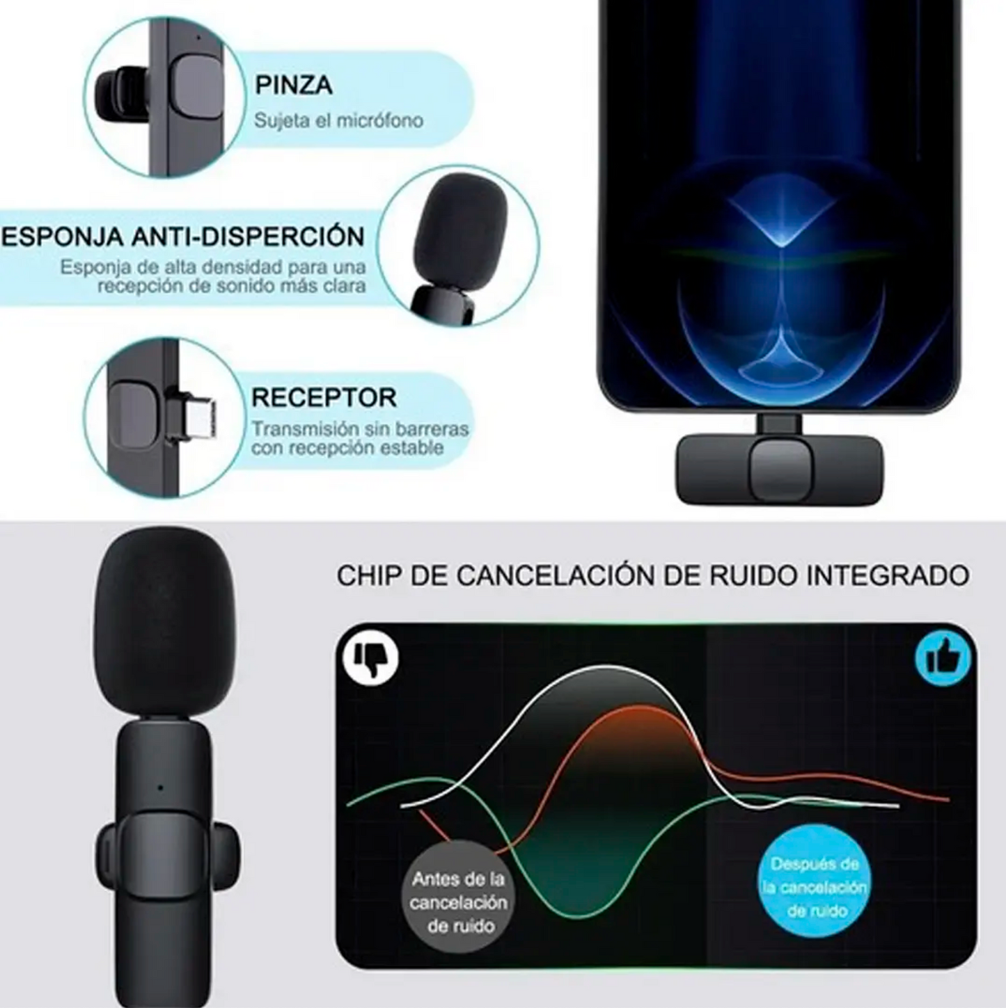 Microfono Solapa Inalámbrico Wifi Con Receptor Usb Tipo C