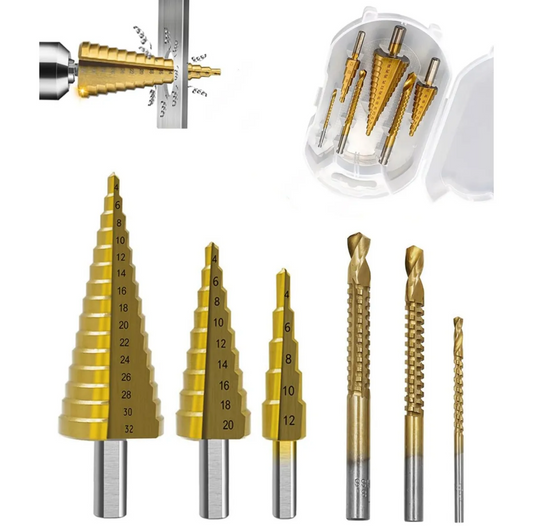 Kit 6 Brocas Escalonadas Titanio | De 4mm a 32mm con Estuche | Perfora Metal Madera y PVC Sin Parar
