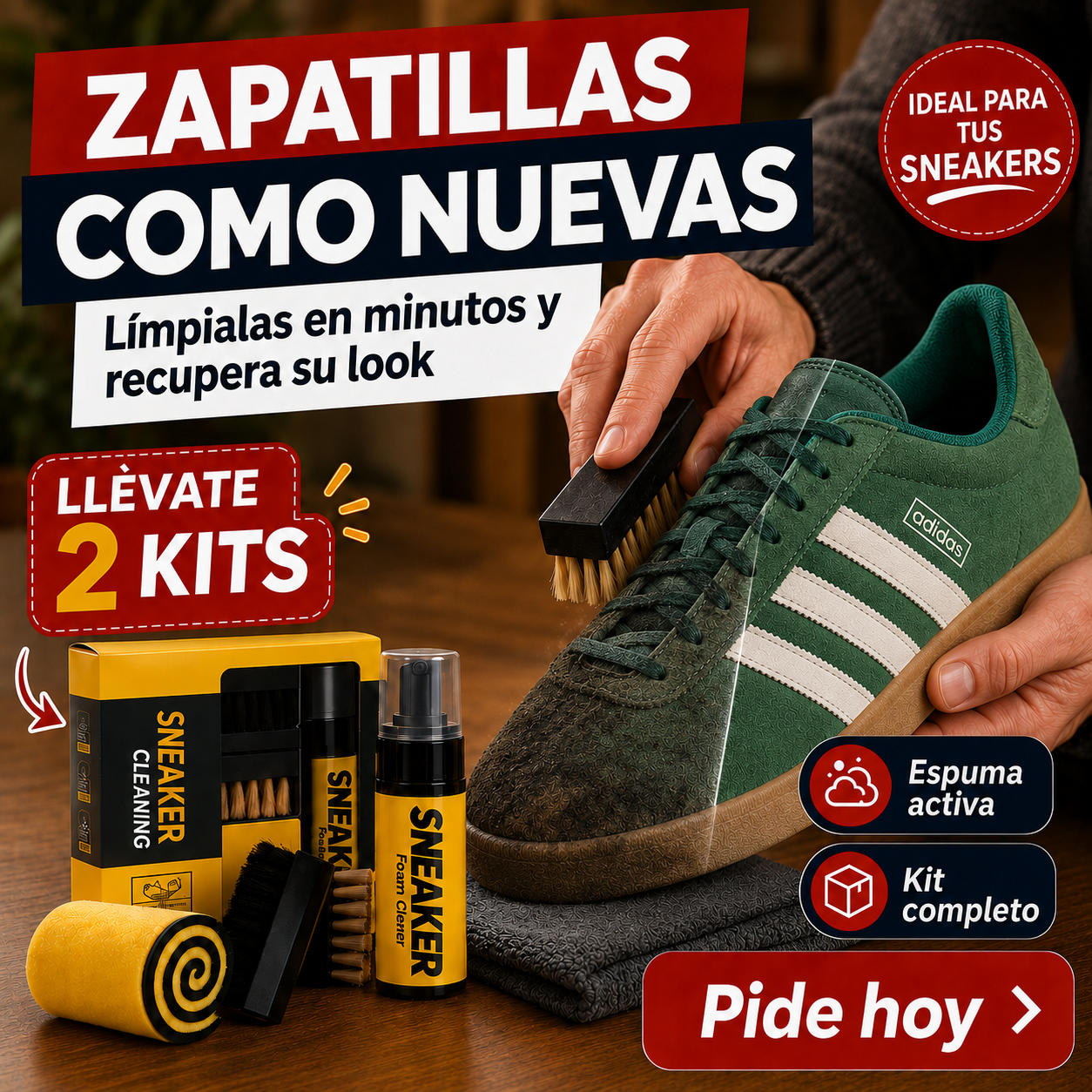 SneakerPro — Kit Limpiador de Zapatos sin Agua: Espuma + Cepillos + Paño | 2 Kits