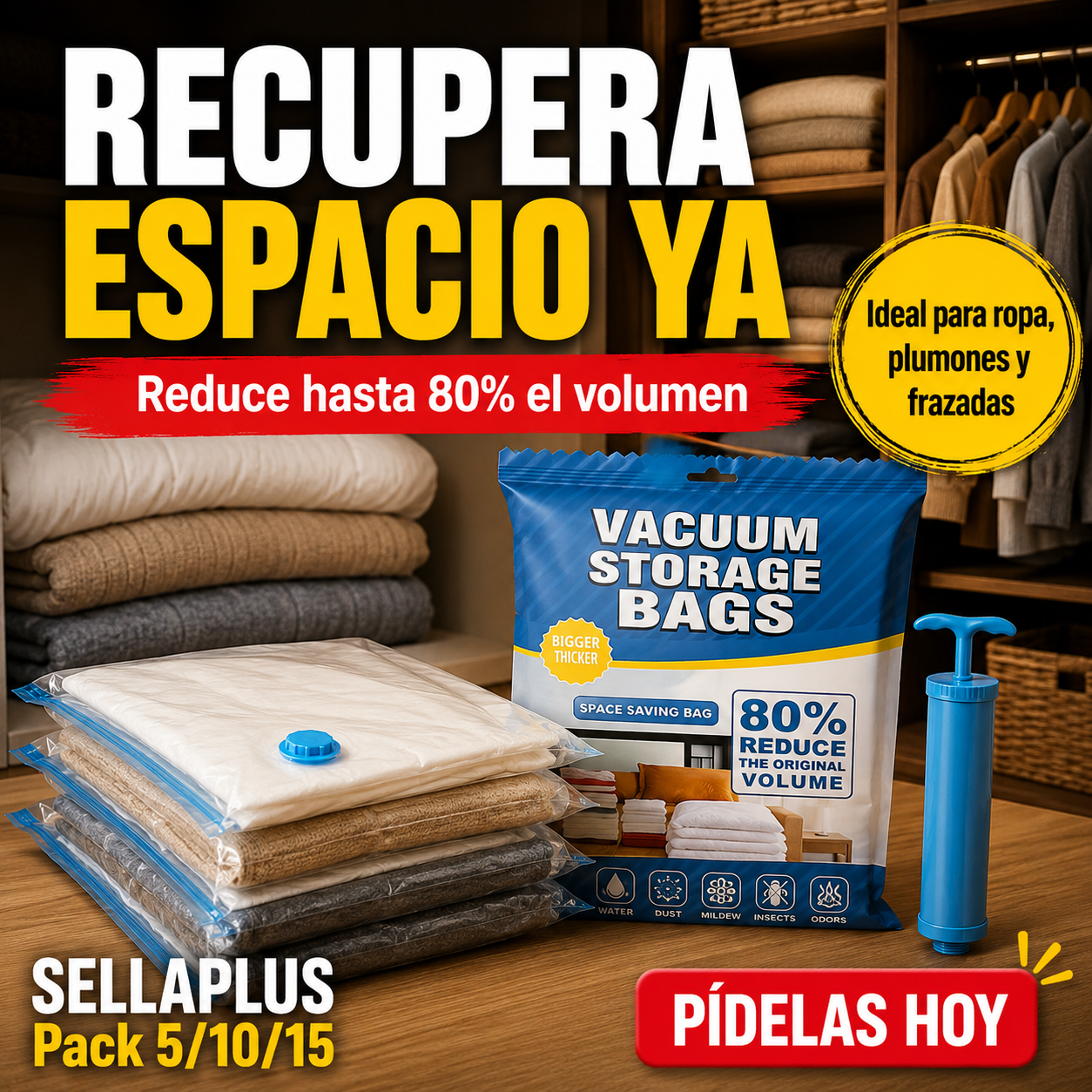 SellaPlus™ Bolsas al Vacío con Bomba Incluida (Pack 5/10/15 + 50% OFF)