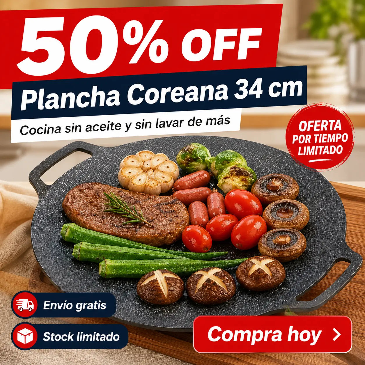 Plancha Coreana™ 34cm — Cocina Sin Aceite y Limpia con un Paño