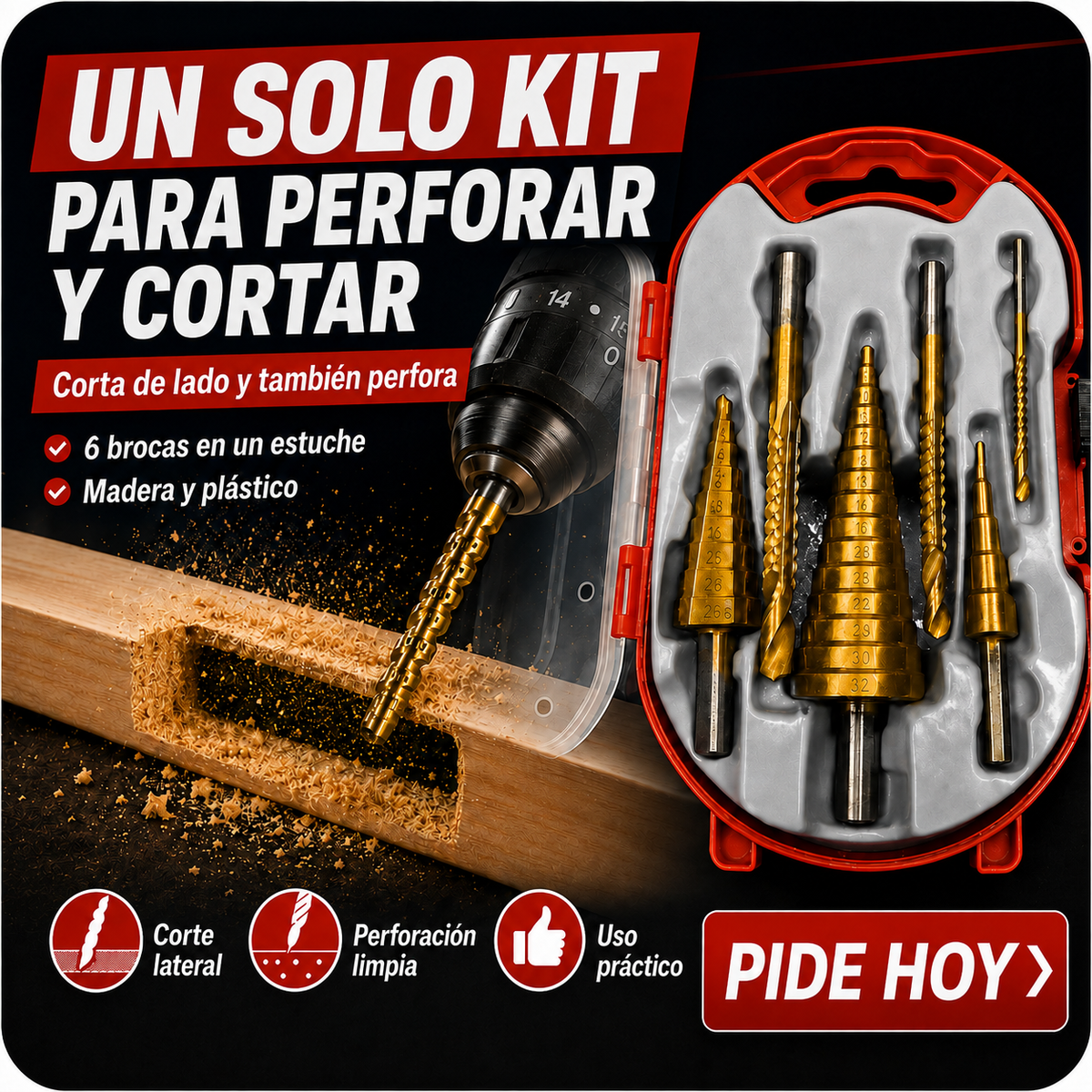 PerforaPro — Kit 6 Brocas Titanio que Perforan de 4mm a 32mm y Cortan de Lado + Estuche