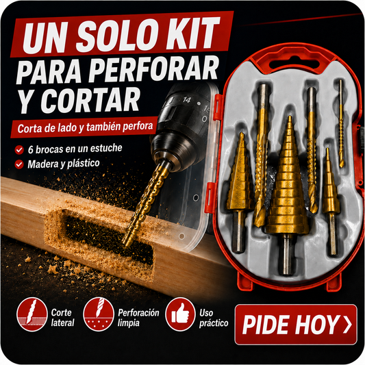 PerforaPro — Kit 6 Brocas Titanio que Perforan de 4mm a 32mm y Cortan de Lado + Estuche