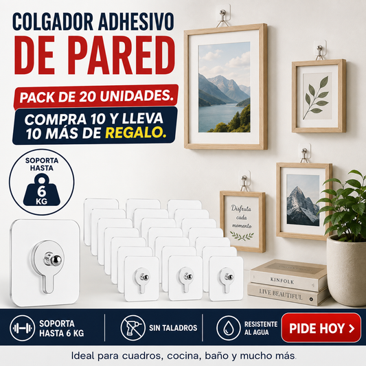 ColgaFix — Pack 20 Ganchos Adhesivos Sin Taladro | Lleva 10 + 10 GRATIS