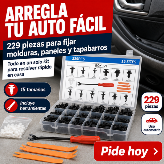 ArmaClip — Kit 229 Piezas de Clips y Remaches para Auto + Herramientas de Desmontaje