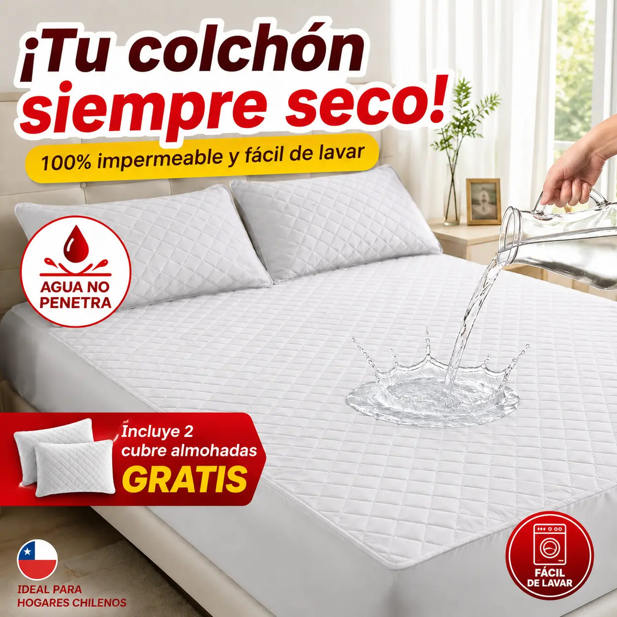 AquaShield Cubrecolchón Impermeable 2 Plazas Hipoalergénico + 2 Cubre Almohadas de REGALO 🎁
