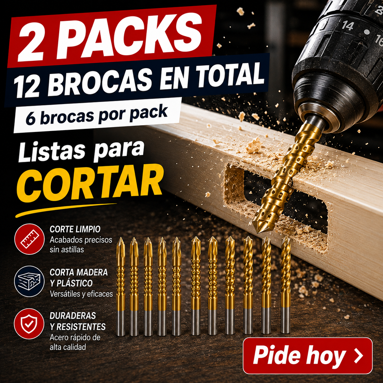 CortaFlex — 12 Brocas que Perforan, Cortan y Tallan Madera y Plástico