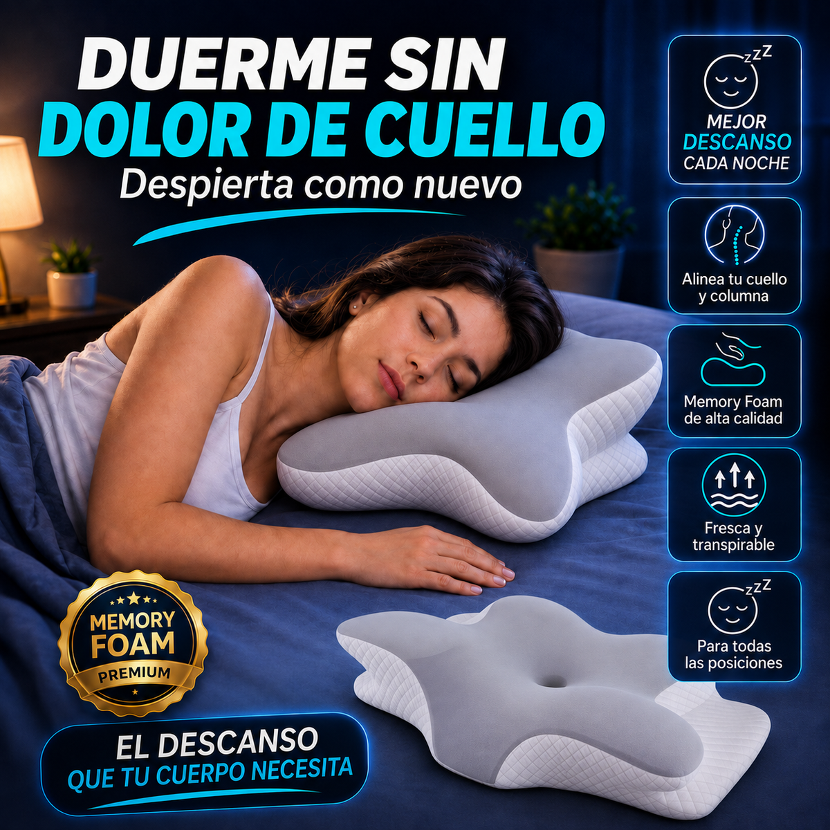 Almohada Cervical Japonés Memory Foam 62cm — Alivia el Dolor de Cuello
