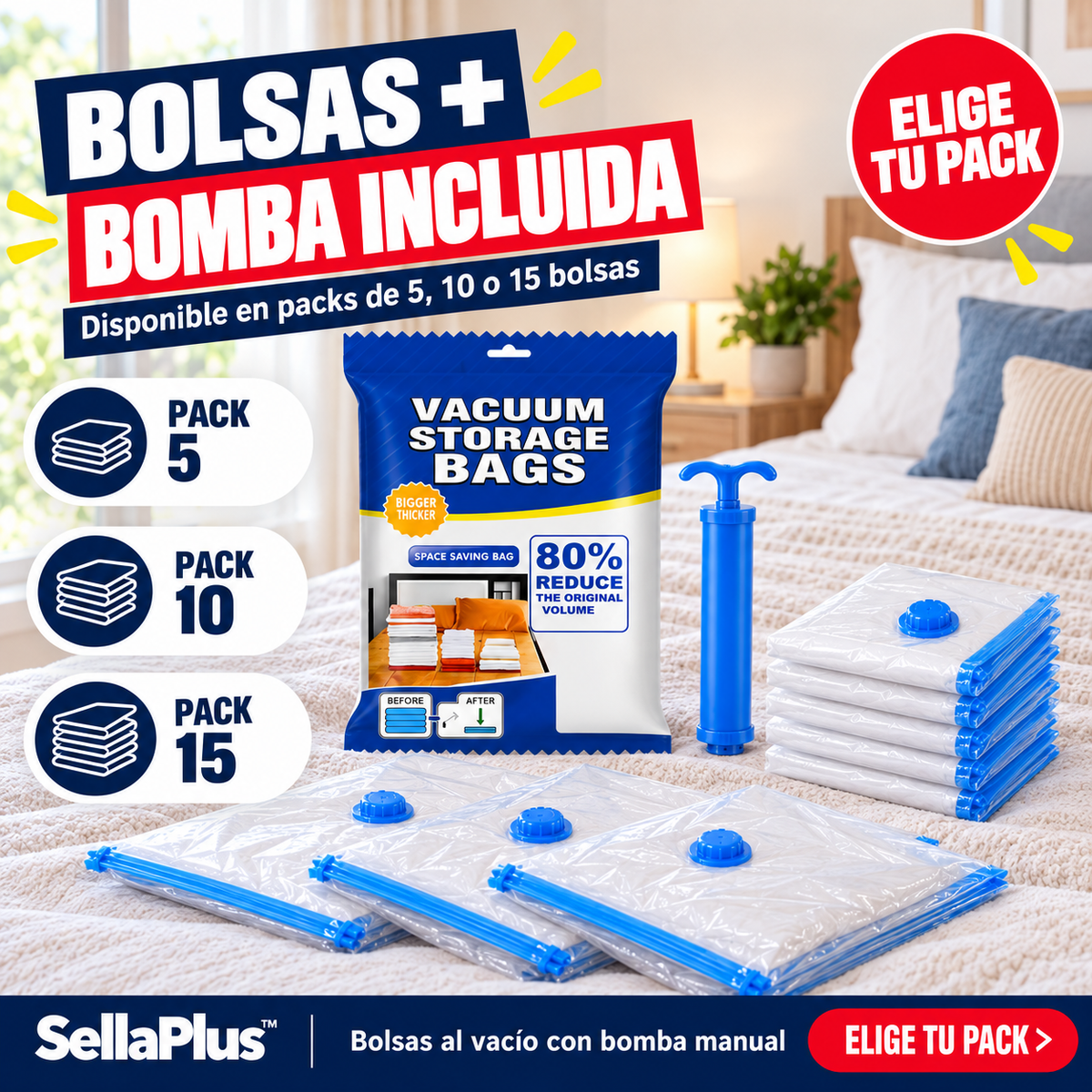 SellaPlus™ Bolsas al Vacío con Bomba Incluida (Pack 5/10/15 + 50% OFF)