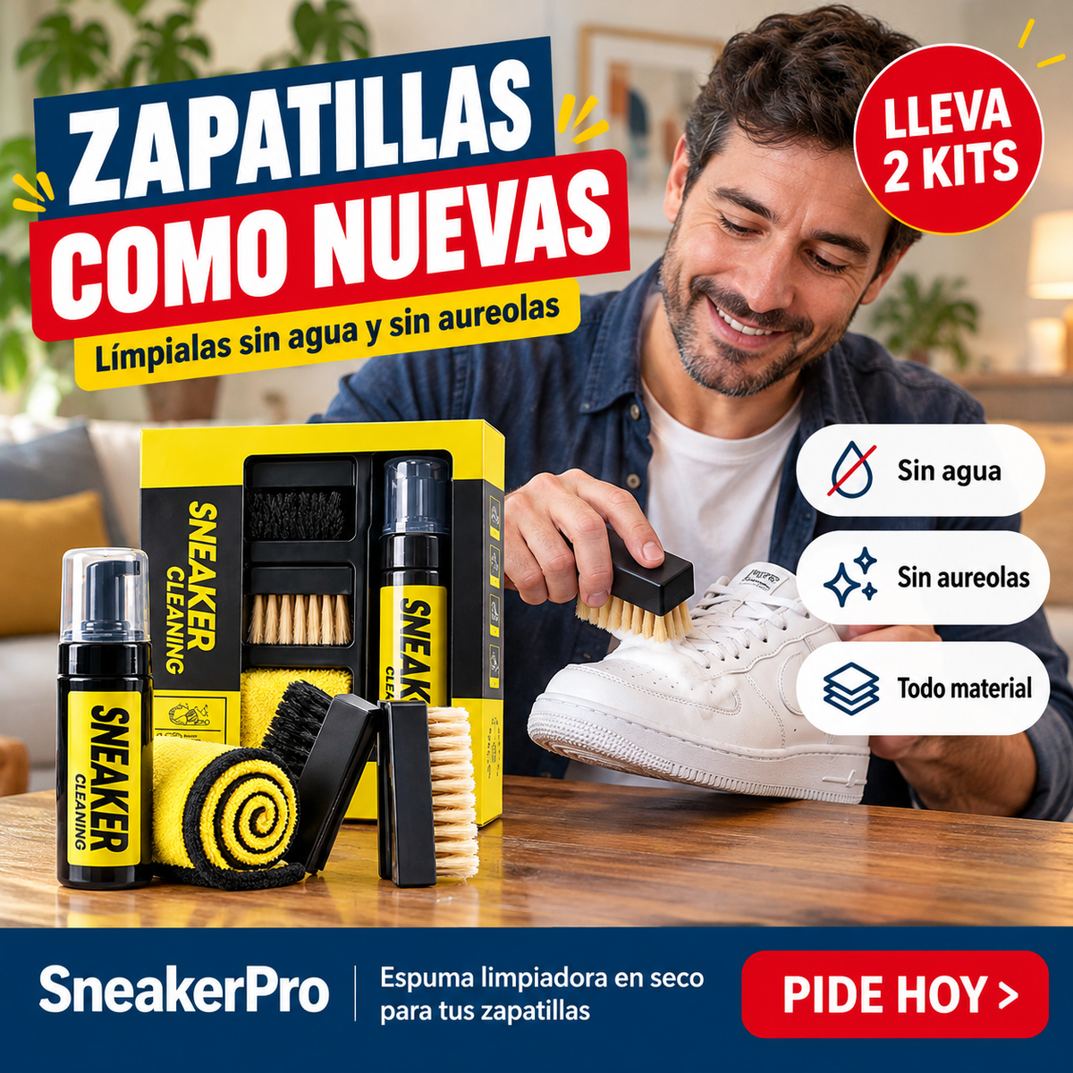 SneakerPro — Kit Limpiador de Zapatos sin Agua: Espuma + Cepillos + Paño | 2 Kits