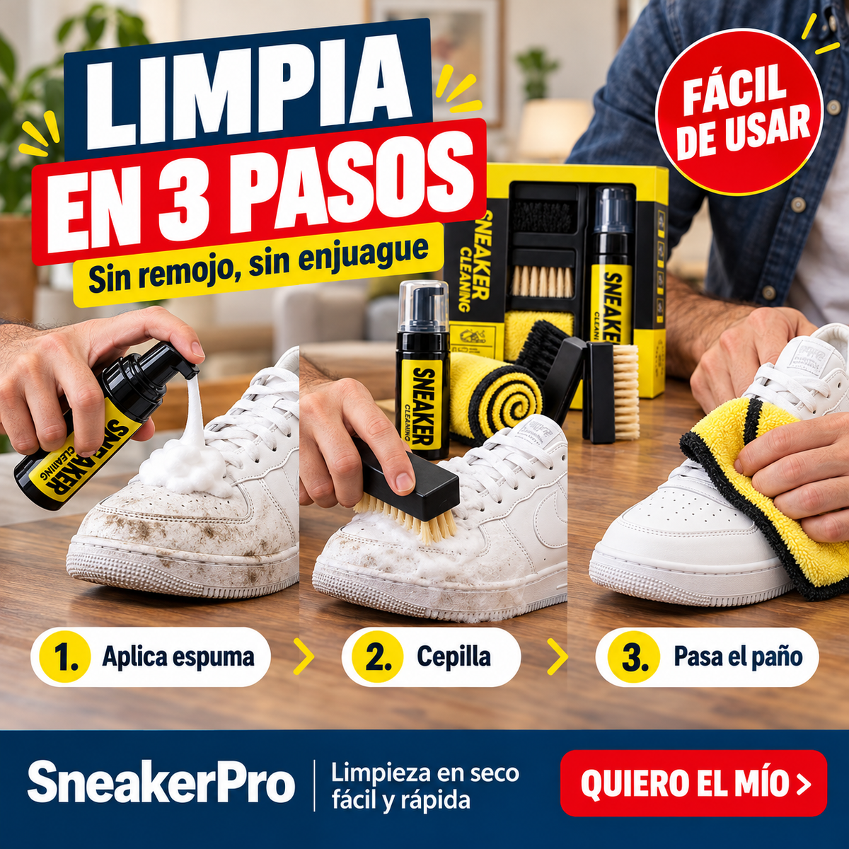 SneakerPro — Kit Limpiador de Zapatos sin Agua: Espuma + Cepillos + Paño | 2 Kits