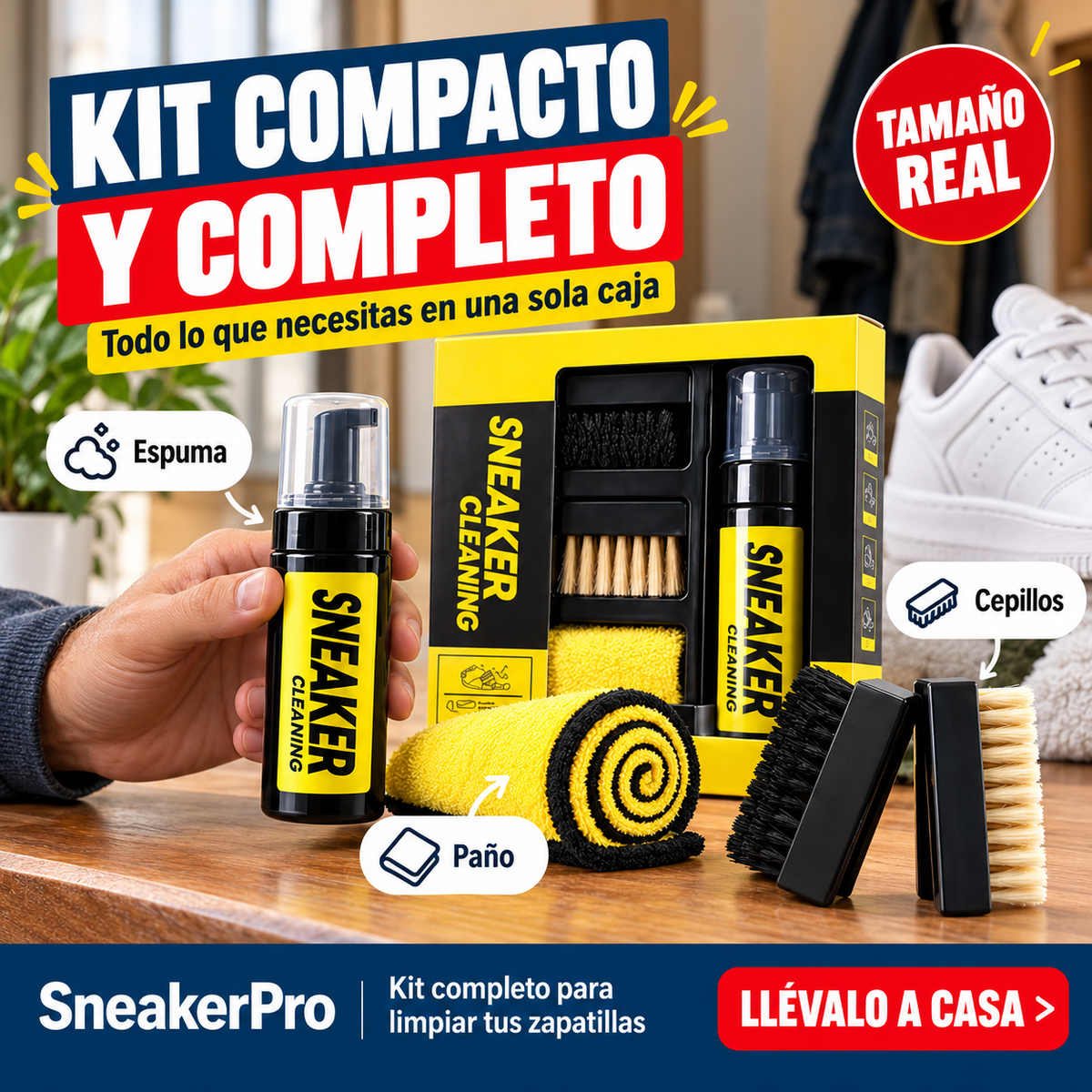 SneakerPro — Kit Limpiador de Zapatos sin Agua: Espuma + Cepillos + Paño | 2 Kits