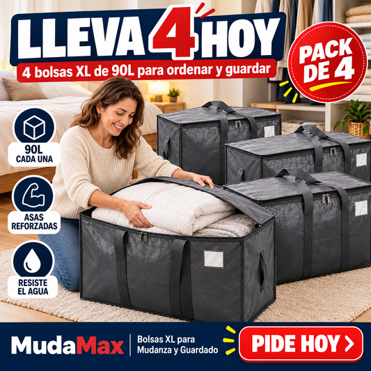 MudaMax - Pack 4 Bolsas XL 90 Litros para Mudanza y Guardado
