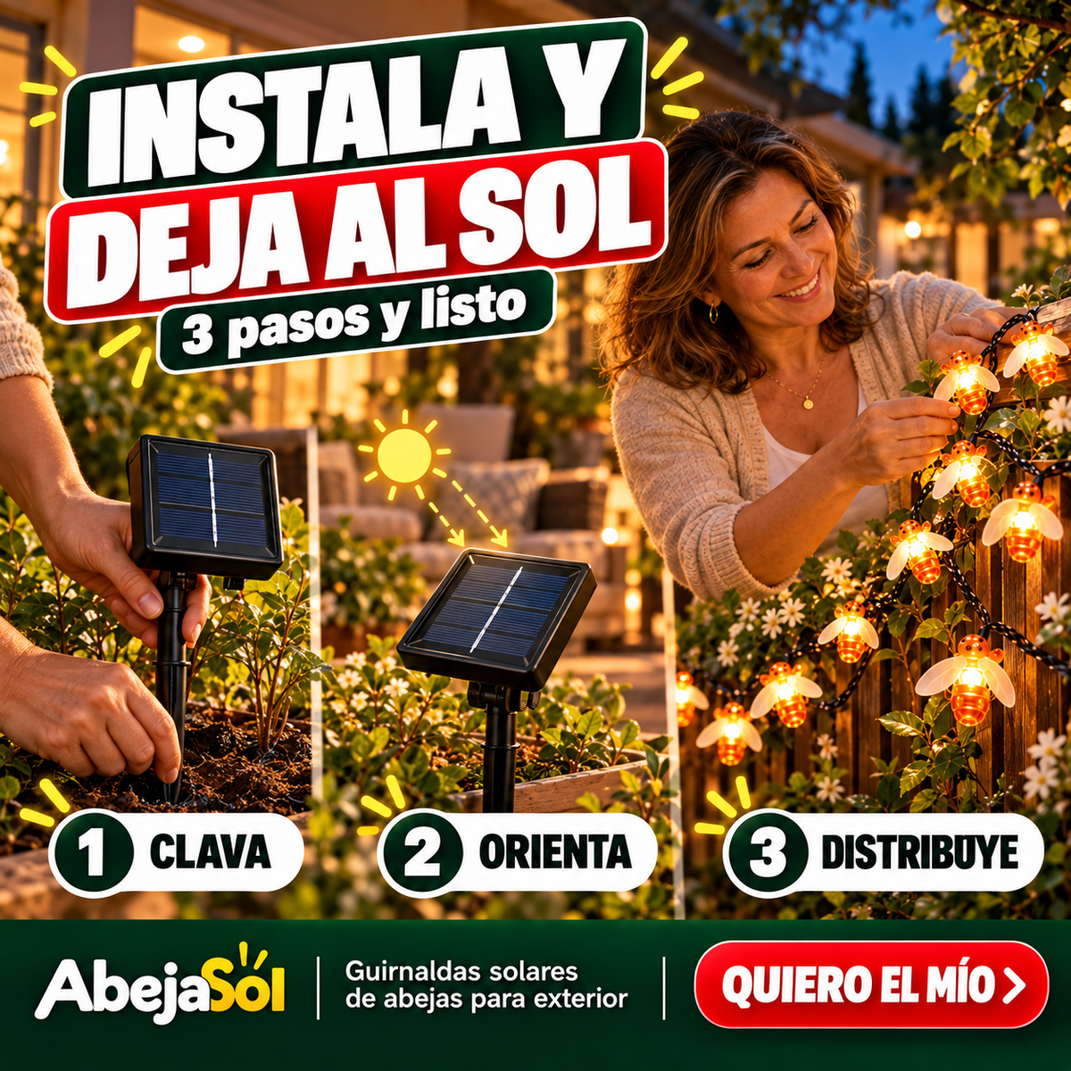 Pack 3 Guirnaldas Solares de Abejas — 90 Luces LED Cálidas sin Enchufes