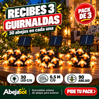 Pack 3 Guirnaldas Solares de Abejas — 90 Luces LED Cálidas sin Enchufes