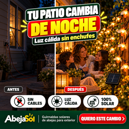 Pack 3 Guirnaldas Solares de Abejas — 90 Luces LED Cálidas sin Enchufes