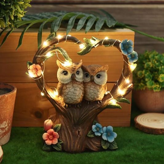 Estatua de Búhos Led Solar Enamorados Luz Hada