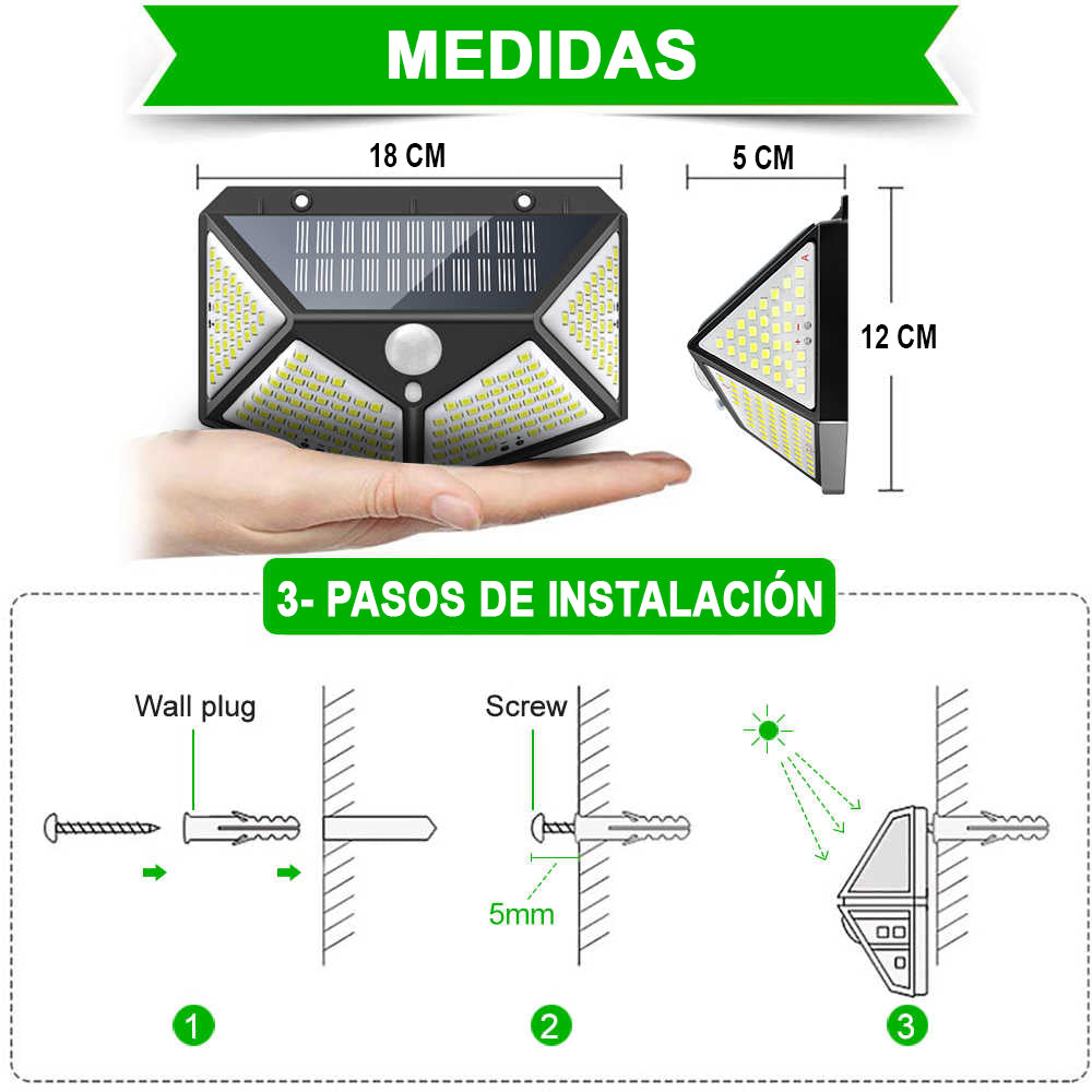 Pack de 2 Foco Lámpara Solar 114Led Exterior con Sensor De Movimiento